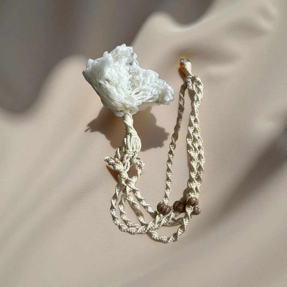 Vintage 70s Macrame Plant Hanger Wood Beads Boho Hippie Cream Ivory [Length]